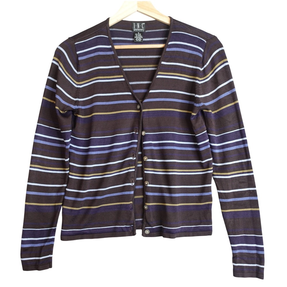 Vintage INC Brown Multicolor Striped Cardigan Womens S Preppy Academia Y2K 90s